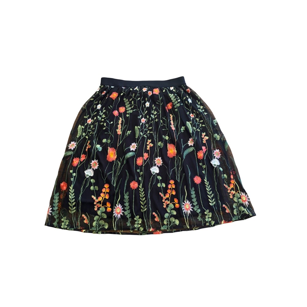 Susan Graver Floral Embroidered Mesh Skirt Black Midi A-Line Elastic Waist M